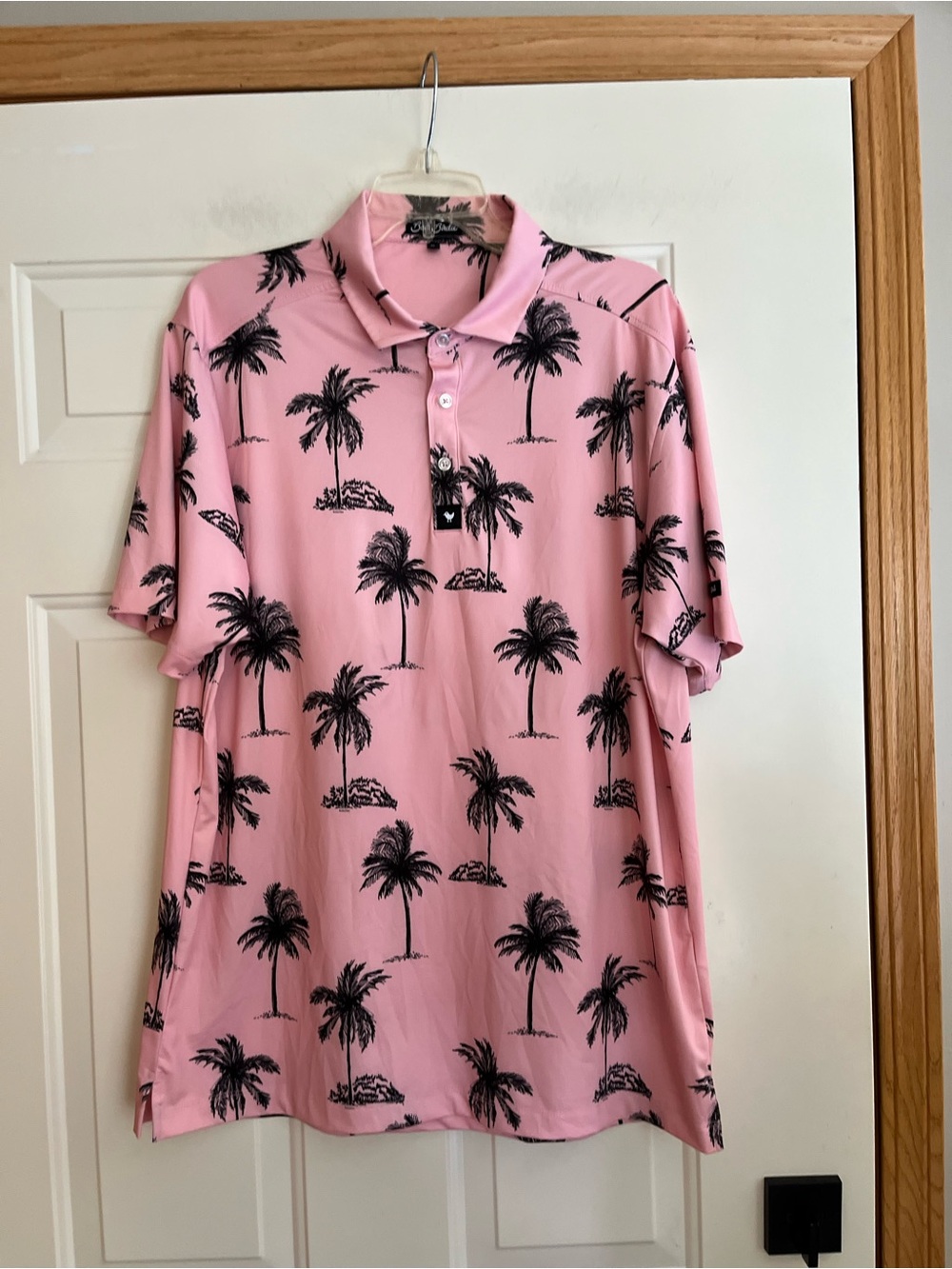 Men’s Bad Birdie pink with black palm trees short sleeve golf polo shirt. XL